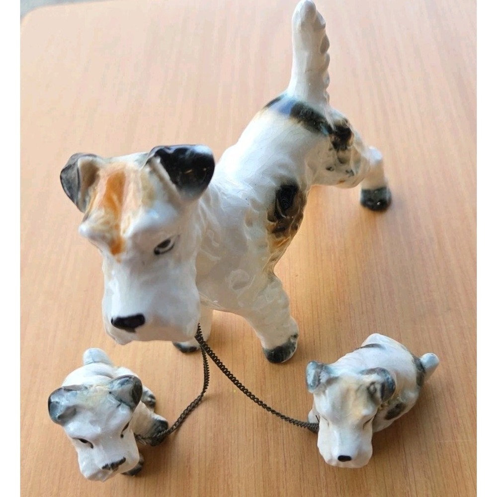 Vintage MCM Ceramic Terrier Dogs Figurine - Mother & 2 Puppies Pups on Chains*